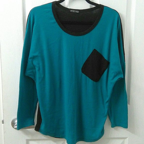 Korean Teal colorblock Drop Shoulder Batwing oversize Top - Picture 4 of 4